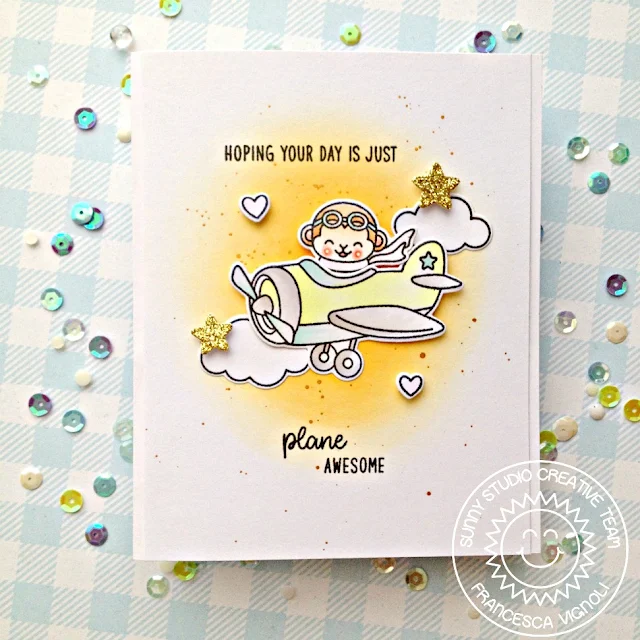 Sunny Studio Stamps: Plane Awesome Fluffy Clouds Border Dies Plane Themed Everyday Card by Franci Vignoli
