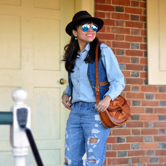 Outfit with denim vest