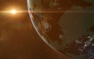 Amarr Prime with visible city lights and the Amarr Sun