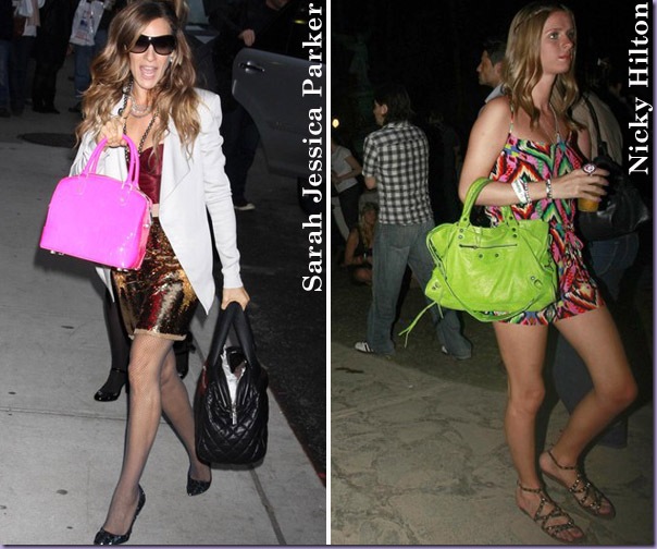 Bolsas-Coloridas-Rosa-Verde-Sarah-Jessica-Parker-Nicky-Hilton