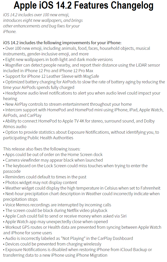 Apple iOS 14.2 Features Changelog