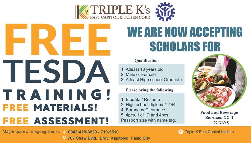 4 TESDA Course Offered by Triple K's East Capitol Kitchen (2019 FREE TRAINING)