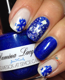 Blue Christmas mani, Lumina Lacquer Homesick at Spacecamp, The Nail Junkie Snowflake, Lynnderella Ice the Snowcake