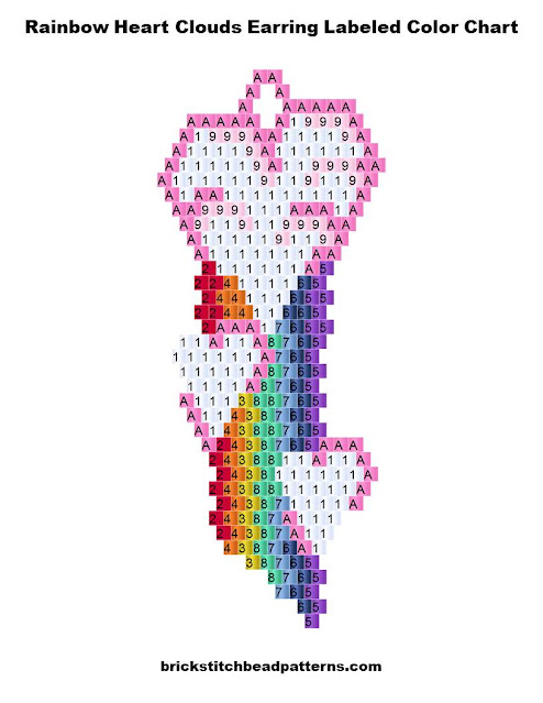 Free Rainbow Heart Clouds Earring Bead Pattern Labeled Color Chart