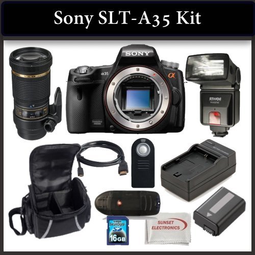 Sony SLT-A35 Digital Camera Kit Includes: Sony SLT-A35 Camera, Tamron Telephoto SP AF 180mm f/3.5 Di LD IF Macro Autofocus Lens, Bower SFD328 Digital Slave Flash, Extended Life Battery, Rapid Travel Charger, HDMI Cable, 16GB SDHC Memory Card, Memory Card Reader, Wireless Remote, Soft Carrying Case and SSE Microfiber Cleaning Cloth.