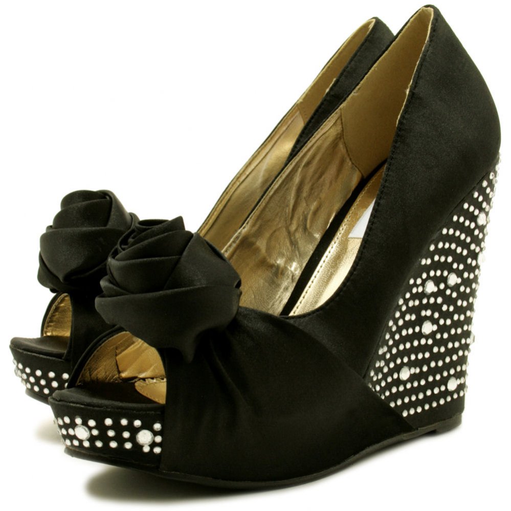 ideas of bridal wedding shoes in lux black satin with detailed wedge ...