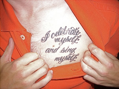 Michael Mayo has I celebrate myself and sing myself tattooed on his chest