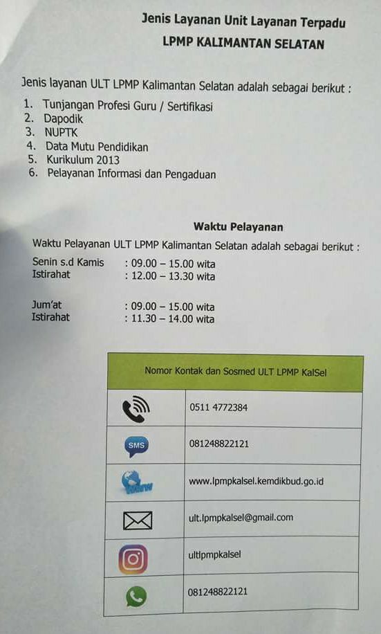 Unit Layanan Terpadu LPMP Kalimantan Selatan dan Pusat