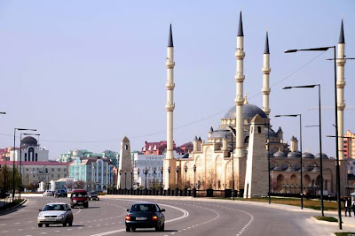 The Akhmad Kadyrov Mosque (Russian — Mechet Akhmata Kadyrova) is located in Grozny, the capital of Chechnya. It is one of the largest mosques in Russia and is officially known as the "The Heart of Chechnya" , Russian — Serdtse Chechni). The mosque is named after Akhmad Kadyrov who commissioned its construction from the mayor of Konya. The mosque design with a set of 62-metre (203 ft)-tall minarets is based on the Blue Mosque in Istanbul. On October 16, 2008, the mosque was officially opened in a ceremony in which Chechen leader Ramzan Kadyrov spoke and was with Russian Prime Minister Vladimir Putin. In this mosque, ten thousand Muslims can pray at a time and its minarets reach 62 metres (203 ft) high.