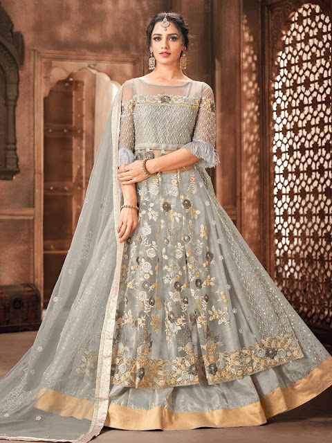 grey-partywear-lehenga-with-pant-and-dupatta