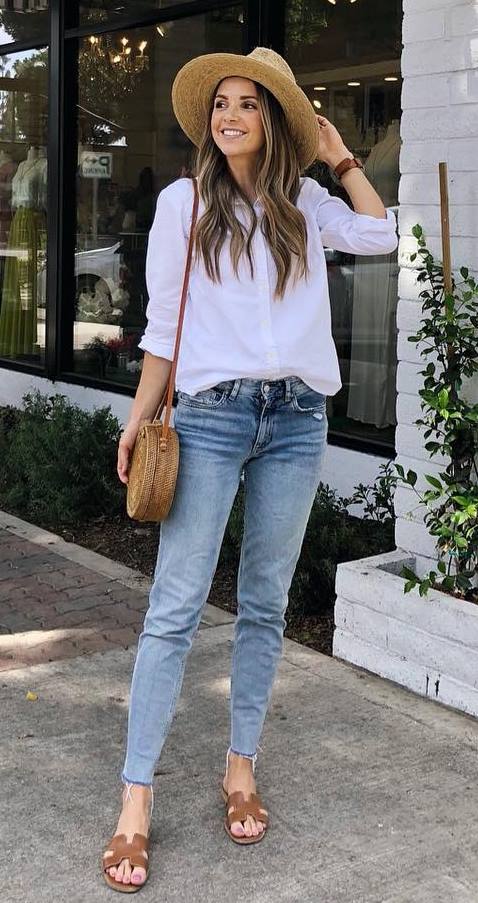 casual style obsession / hat + jeans + shirts + round bag + slides