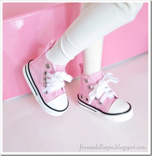 Trying on the cute pink doll sneakers, they are a perfect fit!