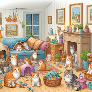 Prompt Bing Image Creator Bahasa Indonesia - Keluarga kucing bersiap untuk hibernasi di rumahnya. Ruang didekorasi dengan beberapa lukisan, mainan, dan tanaman.