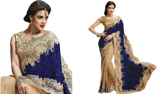 Jay Fashion Self Design Fashion Velvet, Net Saree  (Blue, Beige)