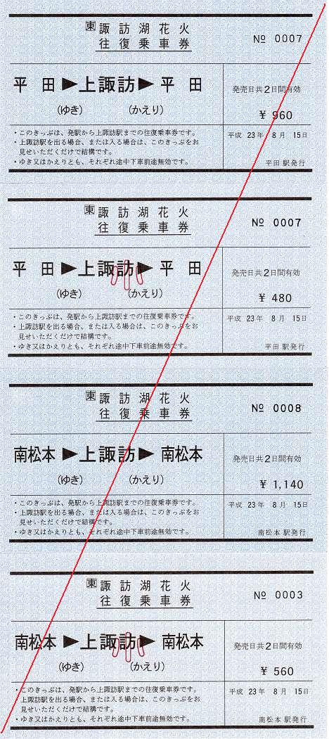 JR東日本　第63回諏訪湖花火往復乗車券1　常備券　軟券　平田・南松本駅