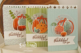 Pick a Pumpkin with Patterned Pumpkins die, Count My Blessings & Painted Harvest stamp sets also. Theses Mini Treat Bags are created with supplies all from Stampin' Up! ~ Love the ability to make these autumn, Halloween, or Thanksgiving themed! There are jack-o-lantern faces in the set also! ~ Tanya Boser for the Stamp Review Crew