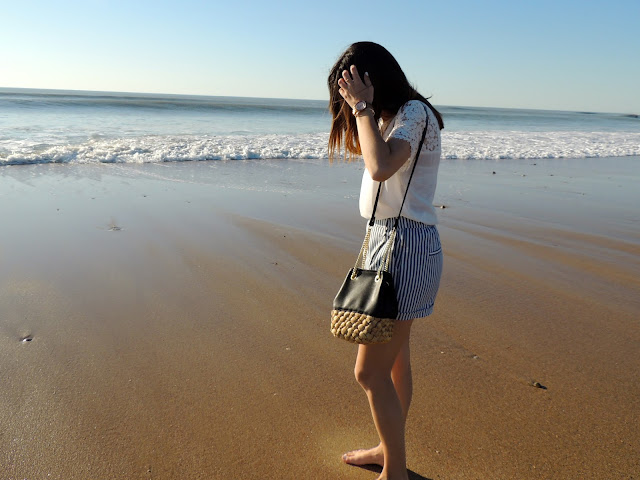 short rayures rayé blouse blanc dentelle sac zara hipanema mango bershka montre marc jacobs manchette