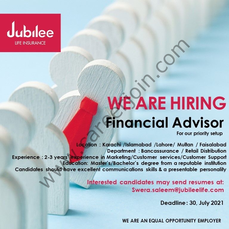 swera.saleem@jubileelife.com -Jubilee Life Insurance Company Limited Jobs 2021 in Pakistan