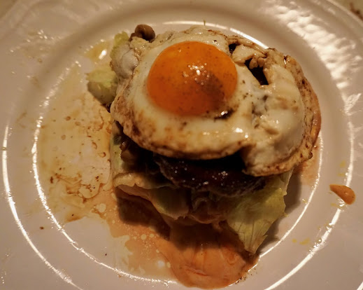 New Kreation: Swisstralian CheeseBurger with mushrooms, onion, and toppled with a runny "orange" fried-egg