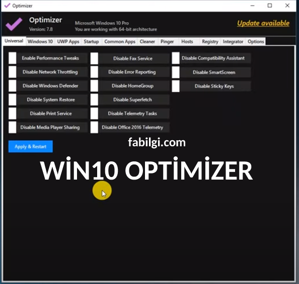 Windows 10 Optimizer Programı Hızlandırma Yavaşlık Azaltma