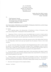Memorandum of Distribution of work (MOW) of Postmasters, Head Sorter, and In-charge, TMO/ Tran-shipment Centers and Postmen Staff