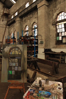 Plein air oil painting of windows in the interior of the Large Erecting Shop in the Eveleigh Railway Workshops painted by industrial heritage artist Jane Bennett