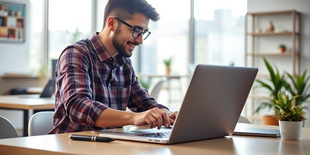 User using a laptop in a modern workspace.
