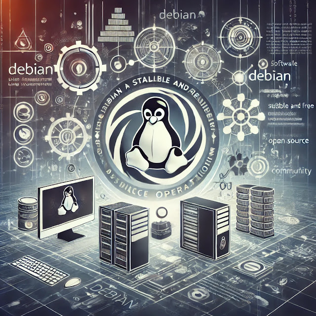 Uma imagem conceitual representando o sistema operacional Debian Linux. A imagem deve incluir elementos como o logotipo do Debian, uma configuração de computador ou servidor e representações simbólicas de liberdade de software, estabilidade e comunidade de código aberto. O plano de fundo pode mostrar uma rede digital, com algumas representações abstratas de tecnologia e codificação. Inclua elementos de texto como 'Debian - Um Sistema Operacional Estável e Livre' em uma fonte moderna e limpa. O estilo deve ser profissional, elegante e voltado para a tecnologia, com algum toque criativo para atrair entusiastas do Linux.