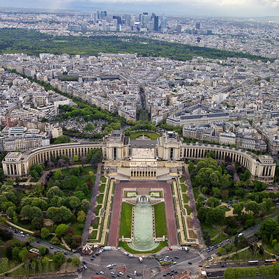 View on Trocadéro and La Défense from the Eiffel tower in Paris.