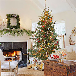 merry Christmas fireplace and green trees with red fruits decoration ideas
