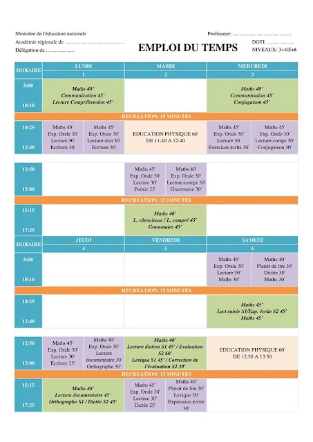 استعمال الزمن للقسم المشترك لمدرسي 3+4+5+6 فرنسية