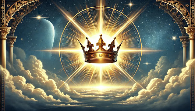 A radiant golden crown with beams of light emanating from it, set against a celestial background of clouds and a serene sky, symbolizing hope and the return of a divine king bringing restoration and peace.