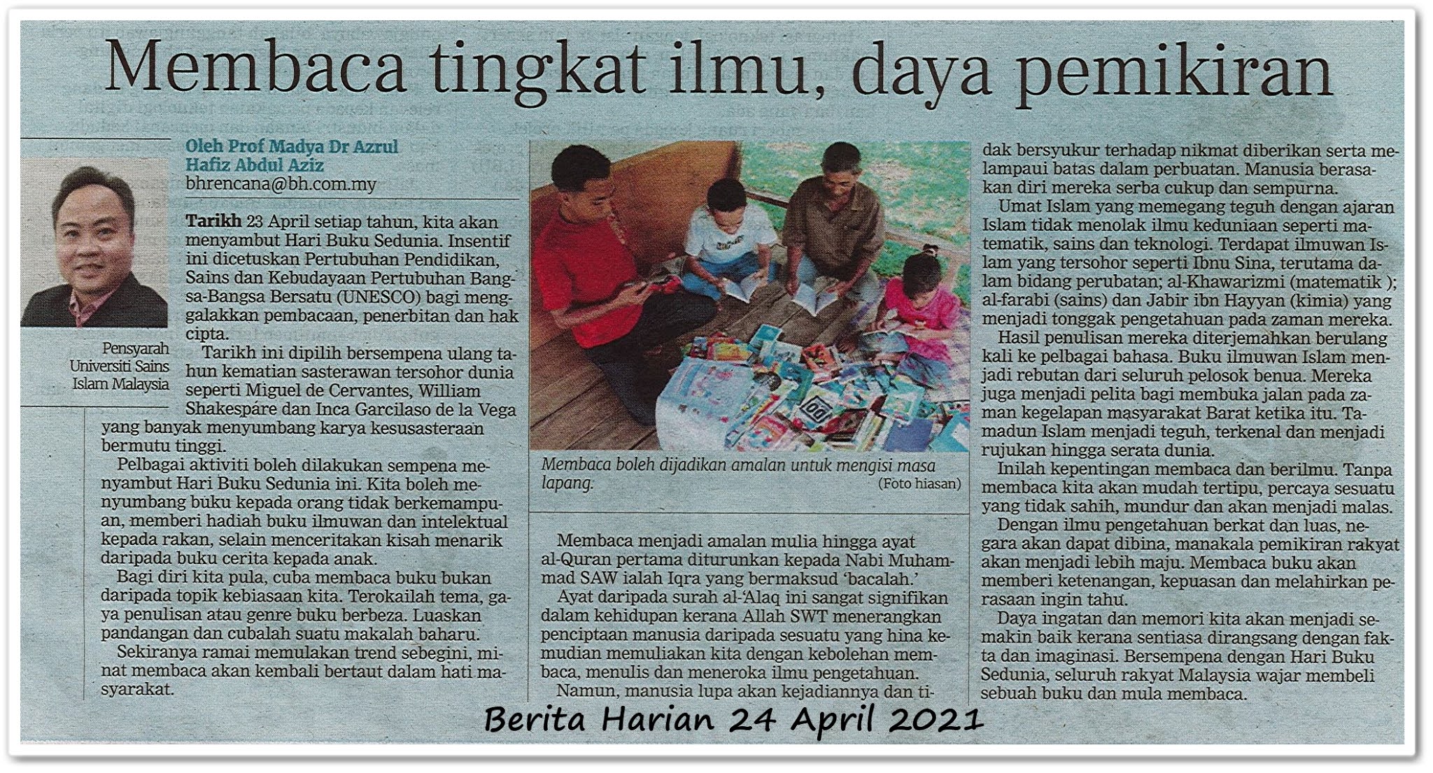 Membaca tingkat ilmu, daya pemikiran - Keratan akhbar Berita Harian 24 April 2021