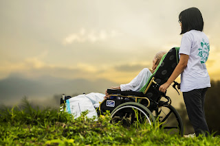 girl taking his pattient on wheel chair in garden for enjoyment