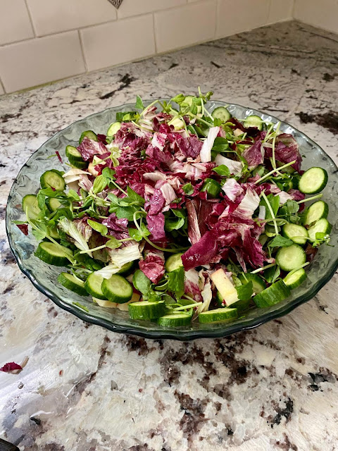 salad, radicchio, pea shoots, mint