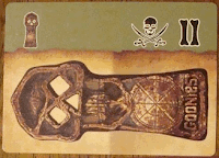 This is the same card as the previous image, but now it is turned ninety degrees to the left, so that the large skull key on the parchment background is on the bottom of the card, and the green section with the small skull key, the skull-and-crossed-swords symbol and the Roman numeral two are in the upright position along the top of the card.