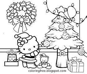 Charming hello kitty Christmas tree gifts and present printable young girls pretty coloring pictures