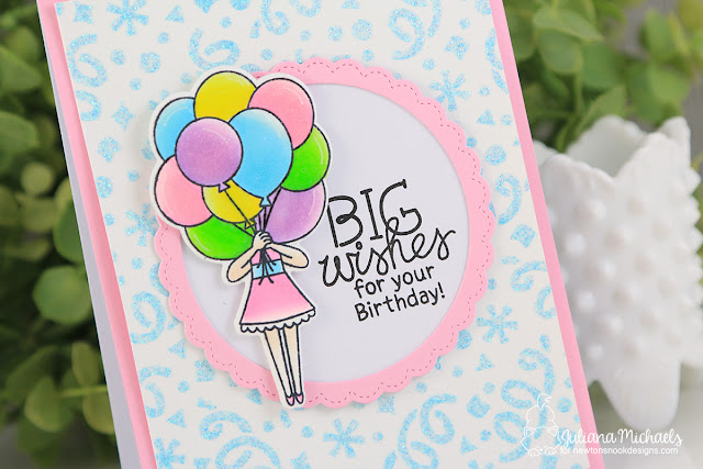 Birthday Card with Glitter Stenciled Background by Juliana Michaels featuring Newton's Nook Designs Holding Happiness Stamp Set and Confetti Stencil