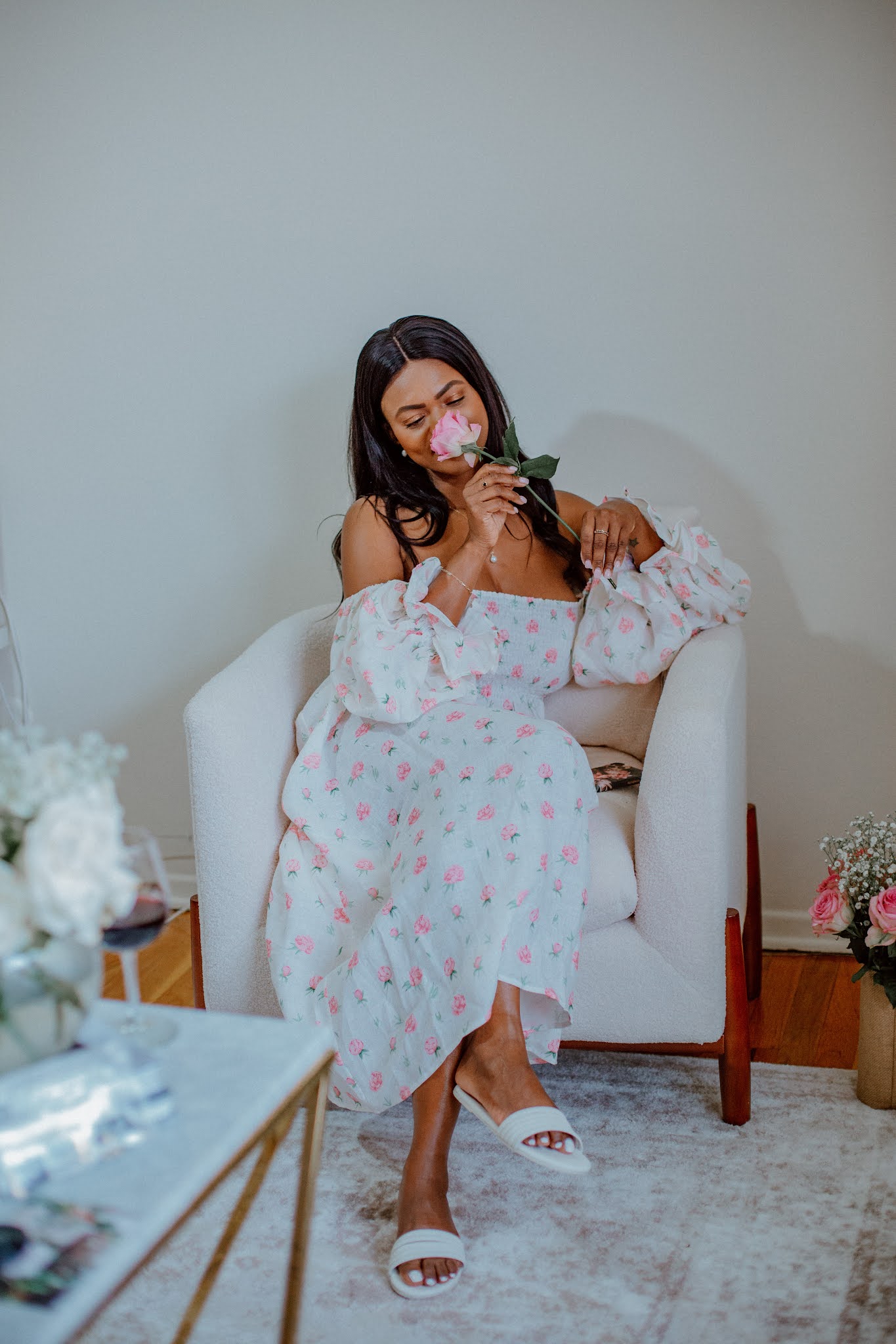 sleeper Floral-Print Off-The-Shoulder Dress