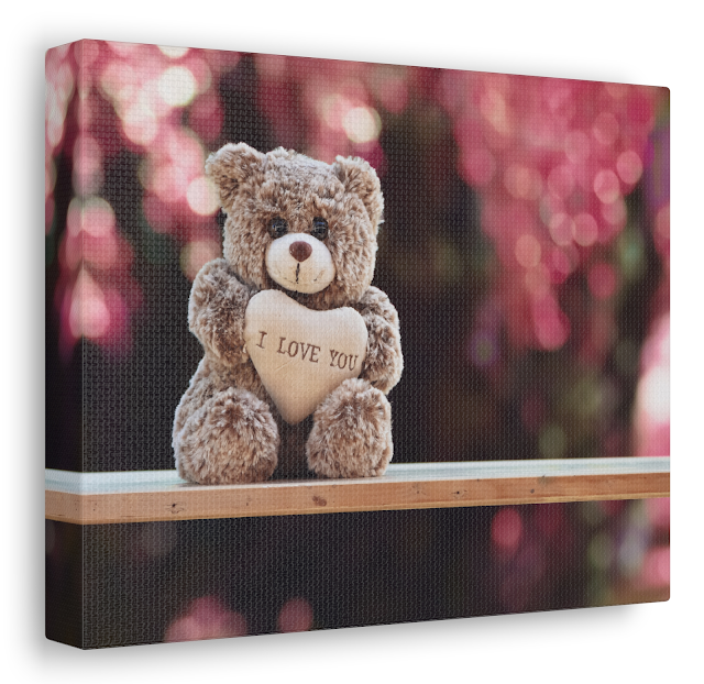 Valentine Canvas Gallery Wrap With Teddy Bear Holding a Heart With I Love You text