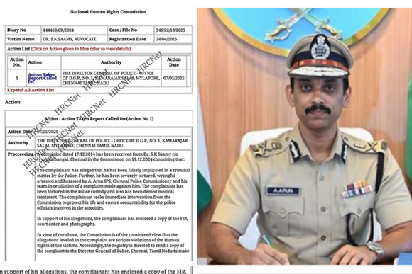 "காவல் ஆணையர் அருண் ஐபிஎஸ் அதிகார துஷ்பிரயோகம் செய்து டாக்டர். எஸ் கே சாமி யை கைது செய்தது குறித்து டிஜிபி 15 நாட்களில் அவசர அறிக்கை அளிக்க தேசிய மனித உரிமைகள் ஆணையம் நோட்டீஸ்"