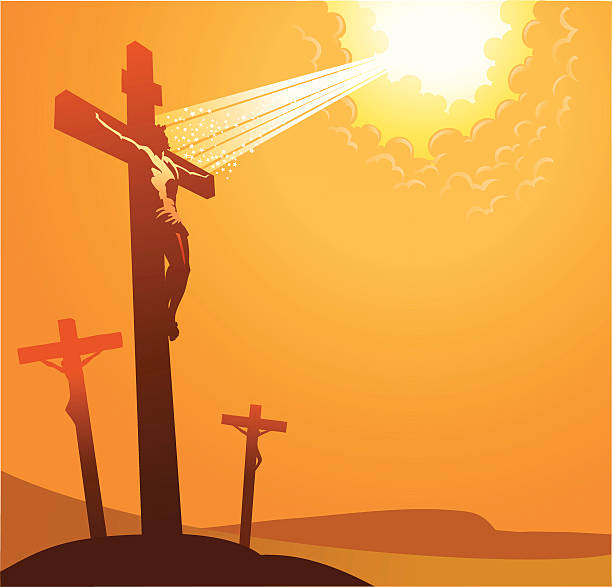 Vector illustration depicting the crucifixion of Jesus outside the Jerusalem with divine light illuminating him