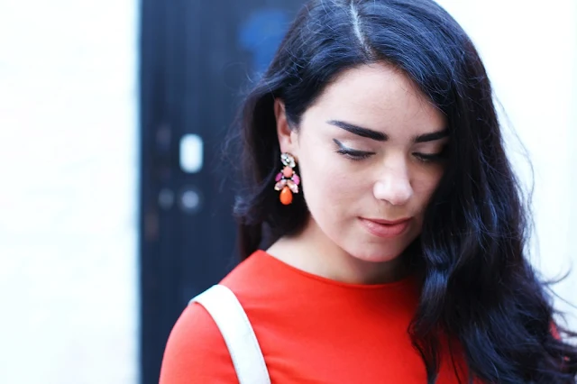 Orange dress and earrings - London fashion blogger Emma Louise Layla