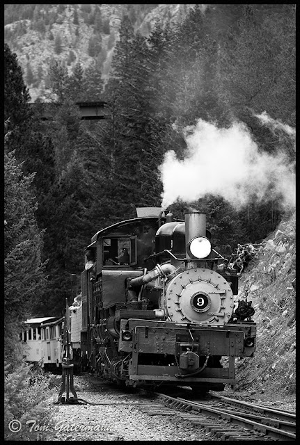 West Side Lumber Co 9 pushes its train down toward the Devil's Gate Bridge.