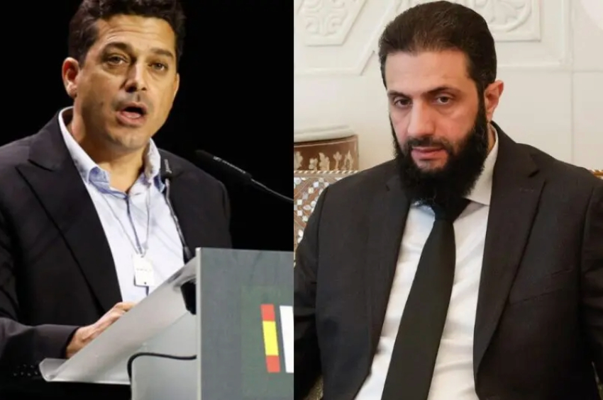 À esquerda, o ministro para Assuntos da Diáspora e Combate ao Antissemitismo de Israel, Amichai Chikli; à direita, o líder do grupo Hay"at Tahrir al-Sham (HTS), que atualmente controla a Síria, Ahmed Al Shara, mais conhecido como Abu Mohammad al-Julani. (Foto: EFE)