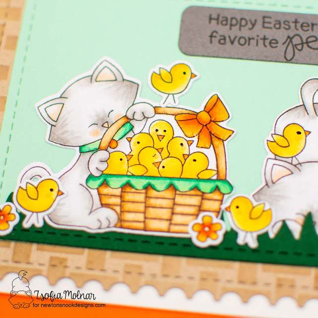 Happy Easter Card with Peeps by Zsofia Molnar | Newton's Peeps Stamp Set, Basketweave Stencil, Framework Die Set, Speech Bubbles Die Set and Land Borders Die Set by Newton's Nook Designs #newtonsnook #handmade