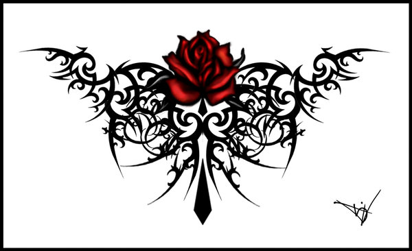 Black tribal dragon and red rose tattoo Lower Back Tattoo Design Skull and