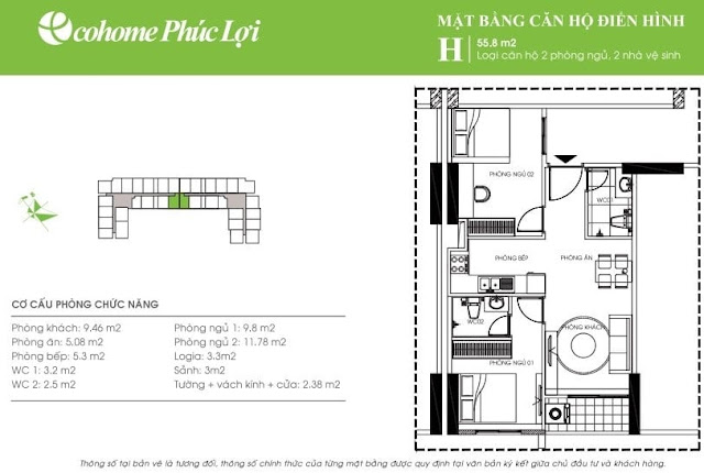 mặt bằng dự án chung cư ecohome phúc lợi căn 55 m2