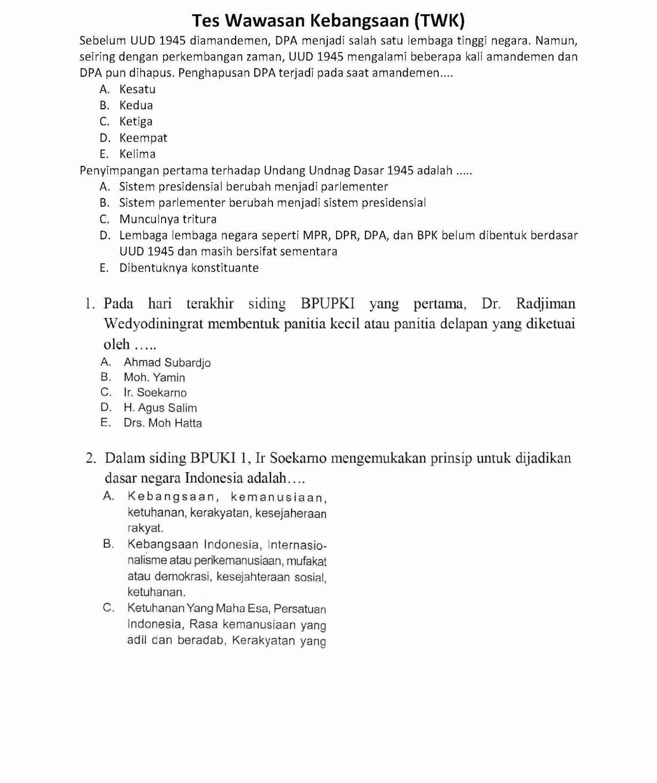 Soal Tes Wawasan Kebangsaan Kampus Kedinasan Perguruan Tinggi