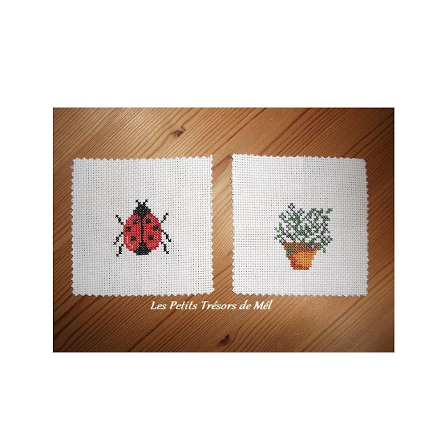 Coccinelle et fleur en pot en broderies miniatures.